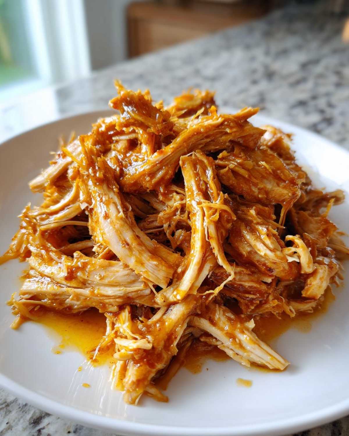 A close-up of shredded Slow Cooker Honey Garlic Pulled Pork piled high on a white plate.