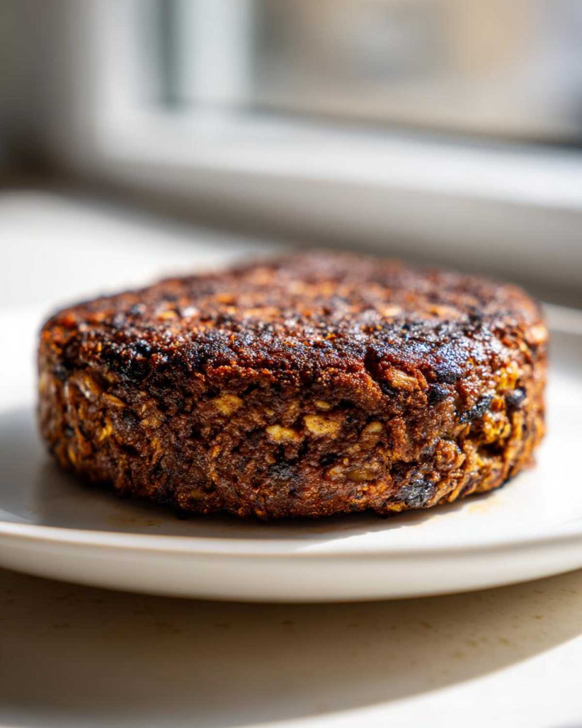 Close-up of a thick, well-seared Smoky Black Bean Burger Patty resting on a white plate.