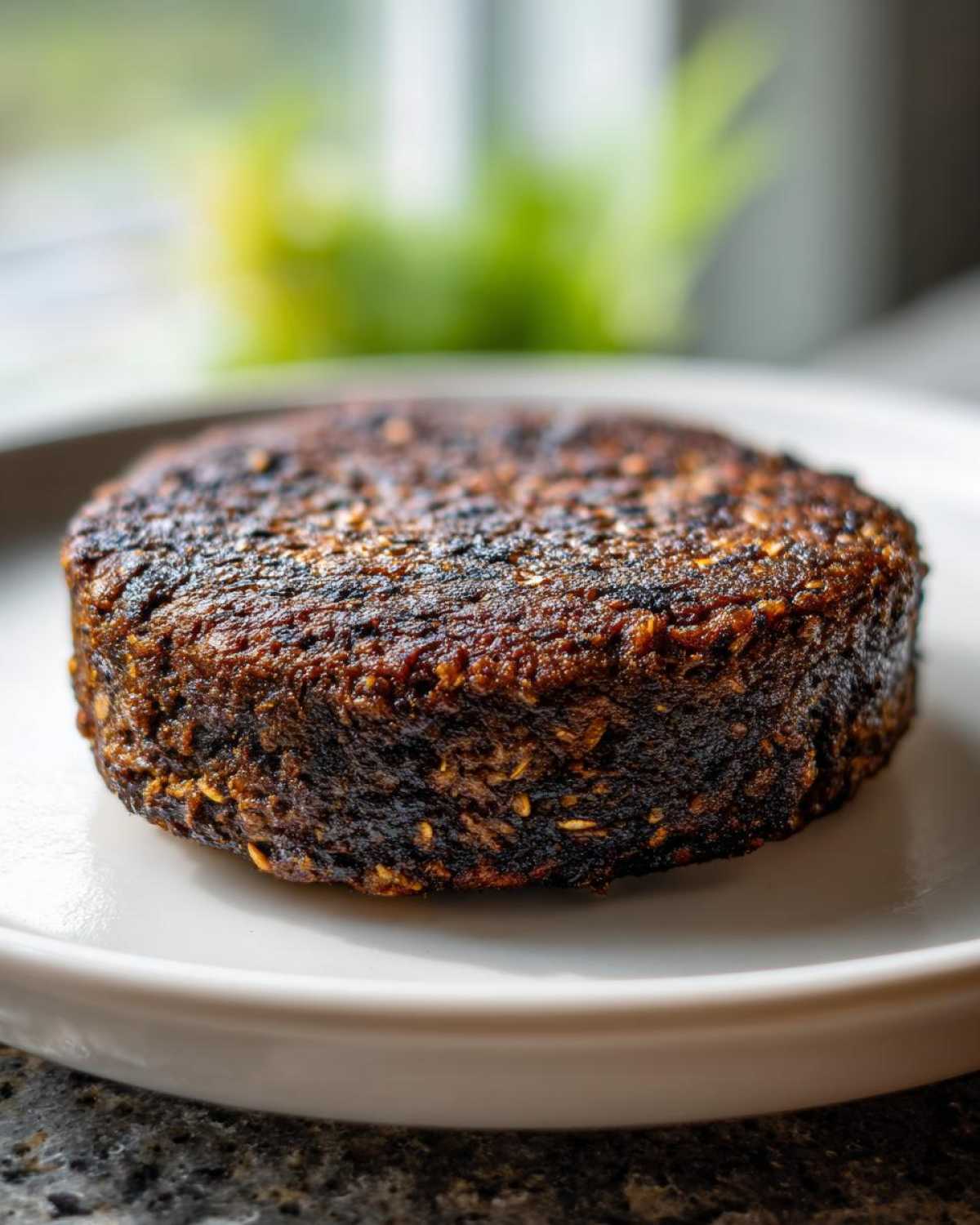 Close-up of a thick, dark, and well-seared Smoky Black Bean Burger Patty resting on a white plate.