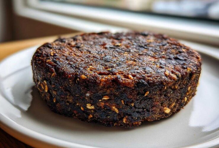 Close-up of a thick, dark, and well-seared Smoky Black Bean Burger Patty on a light gray plate.