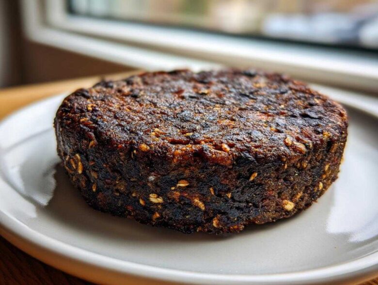 Close-up of a thick, dark, and well-seared Smoky Black Bean Burger Patty on a light gray plate.