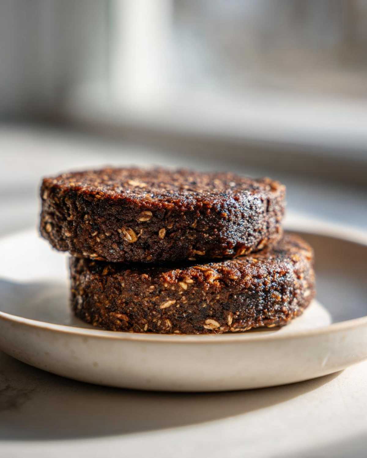 Two firm, dark brown Smoky Black Bean Burger Patties stacked on a light ceramic plate.