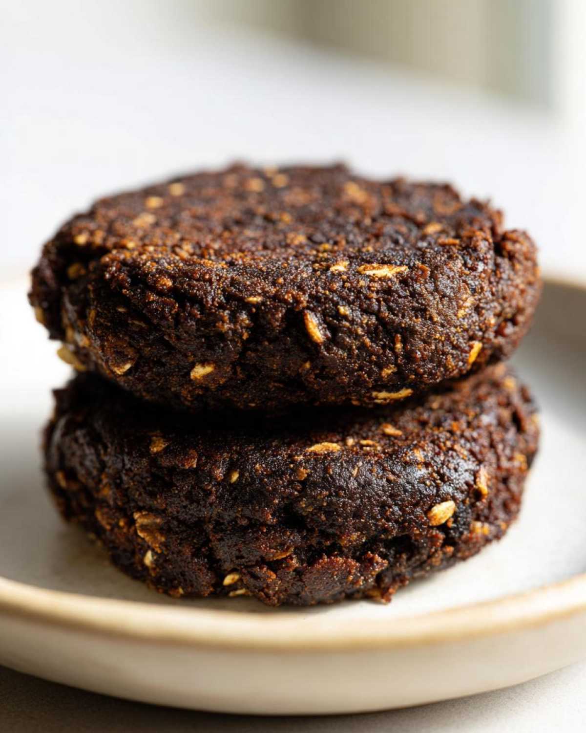 Close-up of two dark, firm Smoky Black Bean Burger Patties stacked on a light ceramic plate.