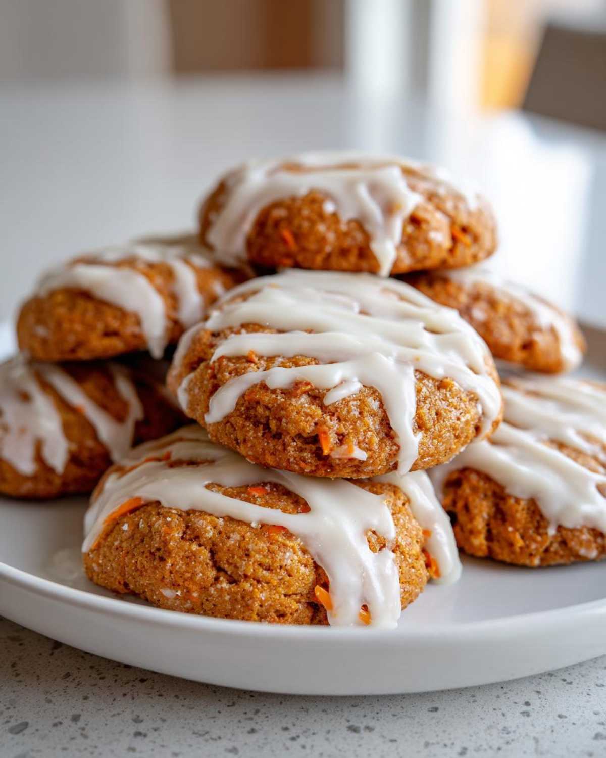 A stack of soft-baked carrot cake cookies generously drizzled with cream cheese glaze on a white plate.