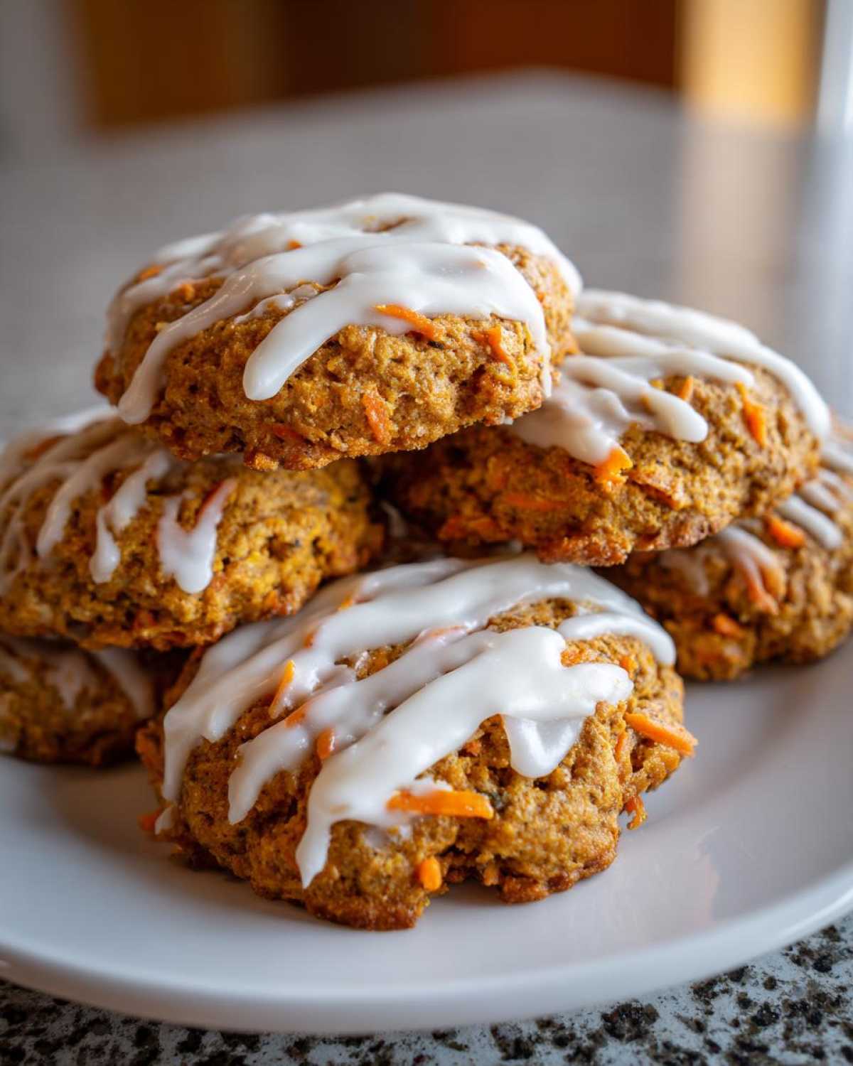 A stack of soft-baked carrot cake cookies topped with a thick cream cheese glaze.