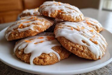 A stack of Soft-Baked Carrot Cake Cookies with Cream Cheese Glaze drizzled on top and sprinkled with carrot zest.