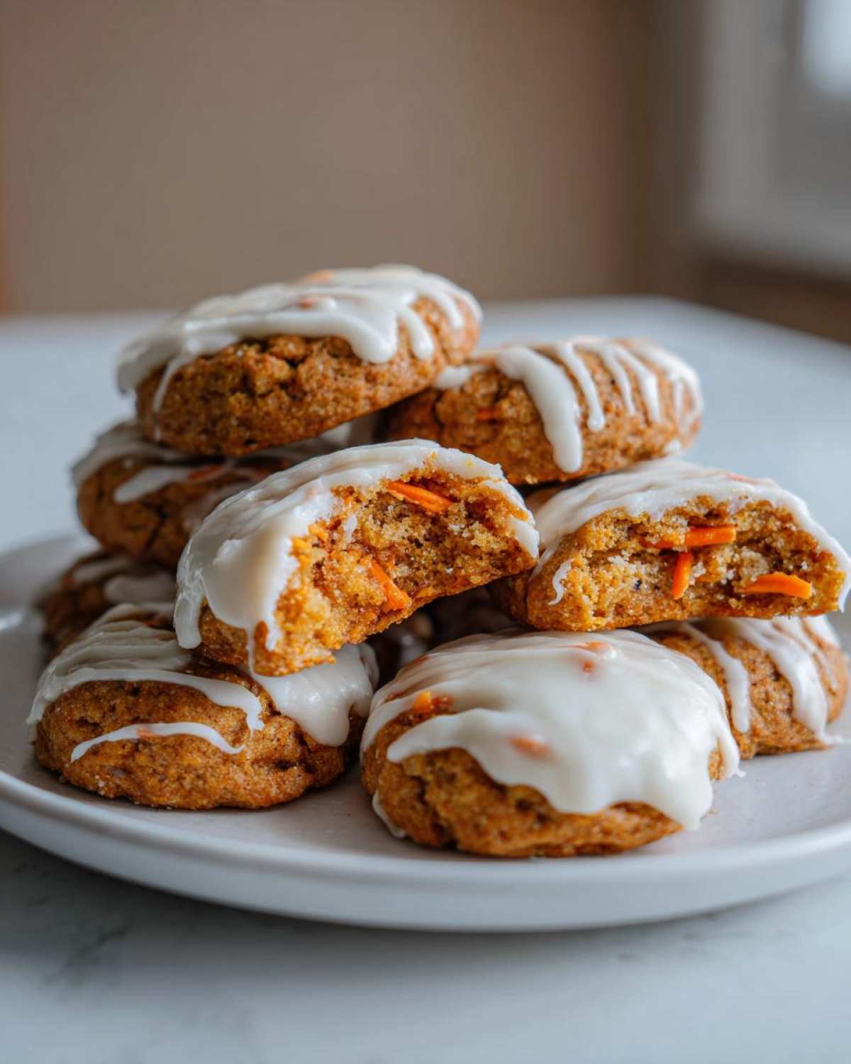 A stack of Soft-Baked Carrot Cake Cookies with a thick, white cream cheese glaze drizzled on top.