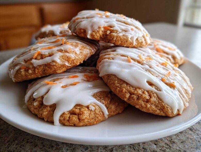 A stack of Soft-Baked Carrot Cake Cookies with Cream Cheese Glaze drizzled on top and sprinkled with carrot zest.