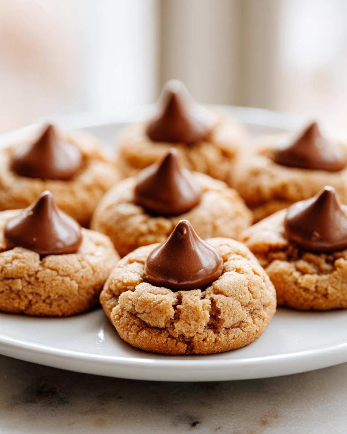 Close-up of several soft Peanut Butter Blossom Cookies topped with a chocolate kiss on a white plate.