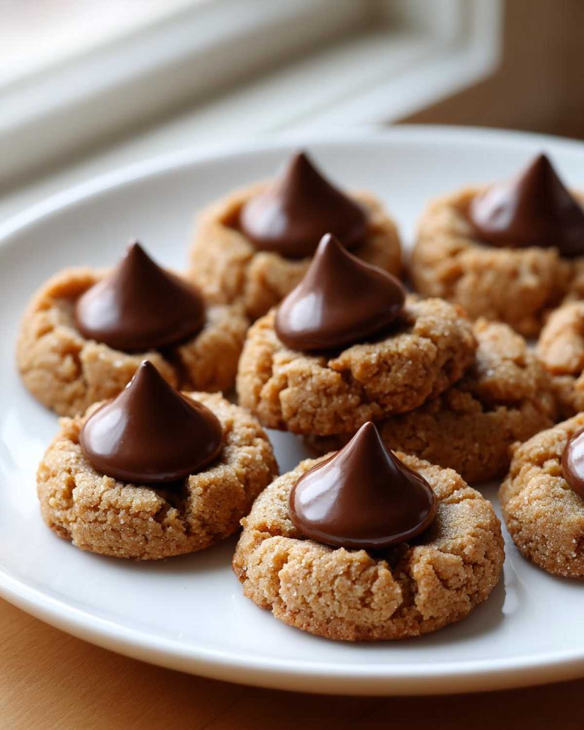 A close-up of several soft Peanut Butter Blossom Cookies topped with a chocolate kiss, arranged on a white plate.