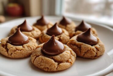 Close-up of several soft Peanut Butter Blossom Cookies arranged on a white plate, each topped with a melted chocolate kiss.
