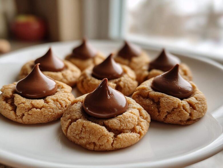 Close-up of several soft Peanut Butter Blossom Cookies arranged on a white plate, each topped with a melted chocolate kiss.