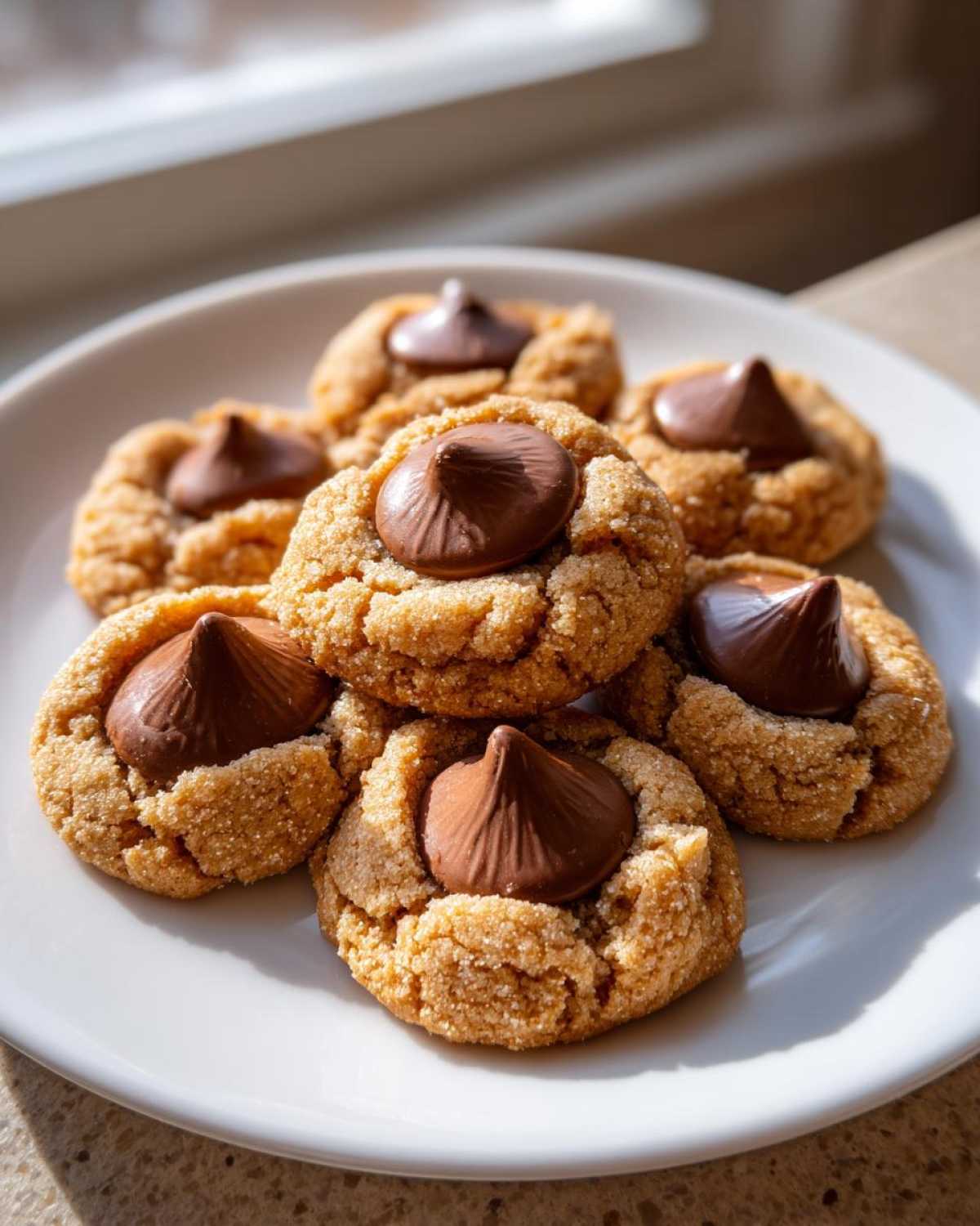 Close-up of several soft Peanut Butter Blossom Cookies, each topped with a melted chocolate kiss, arranged on a white plate.