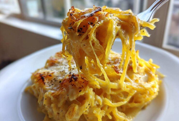 Close-up of cheesy Spaghetti Squash Alfredo strands being lifted high on a fork from a serving on a white plate.