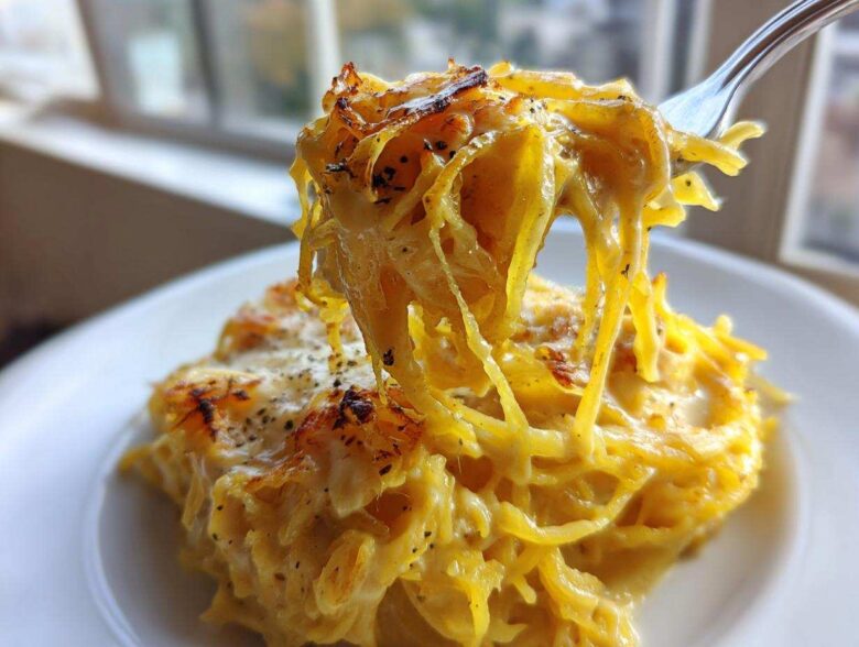Close-up of cheesy Spaghetti Squash Alfredo strands being lifted high on a fork from a serving on a white plate.