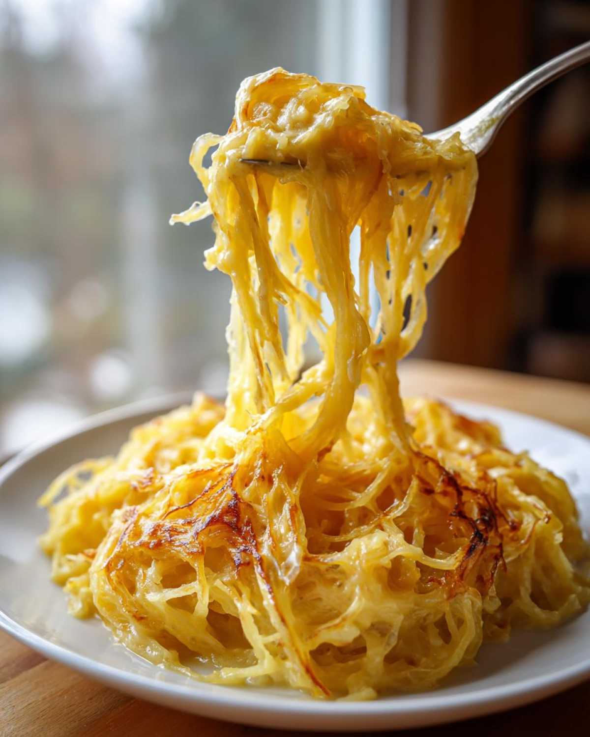 A fork lifts strands of creamy, cheesy Spaghetti Squash Alfredo high above a white plate.