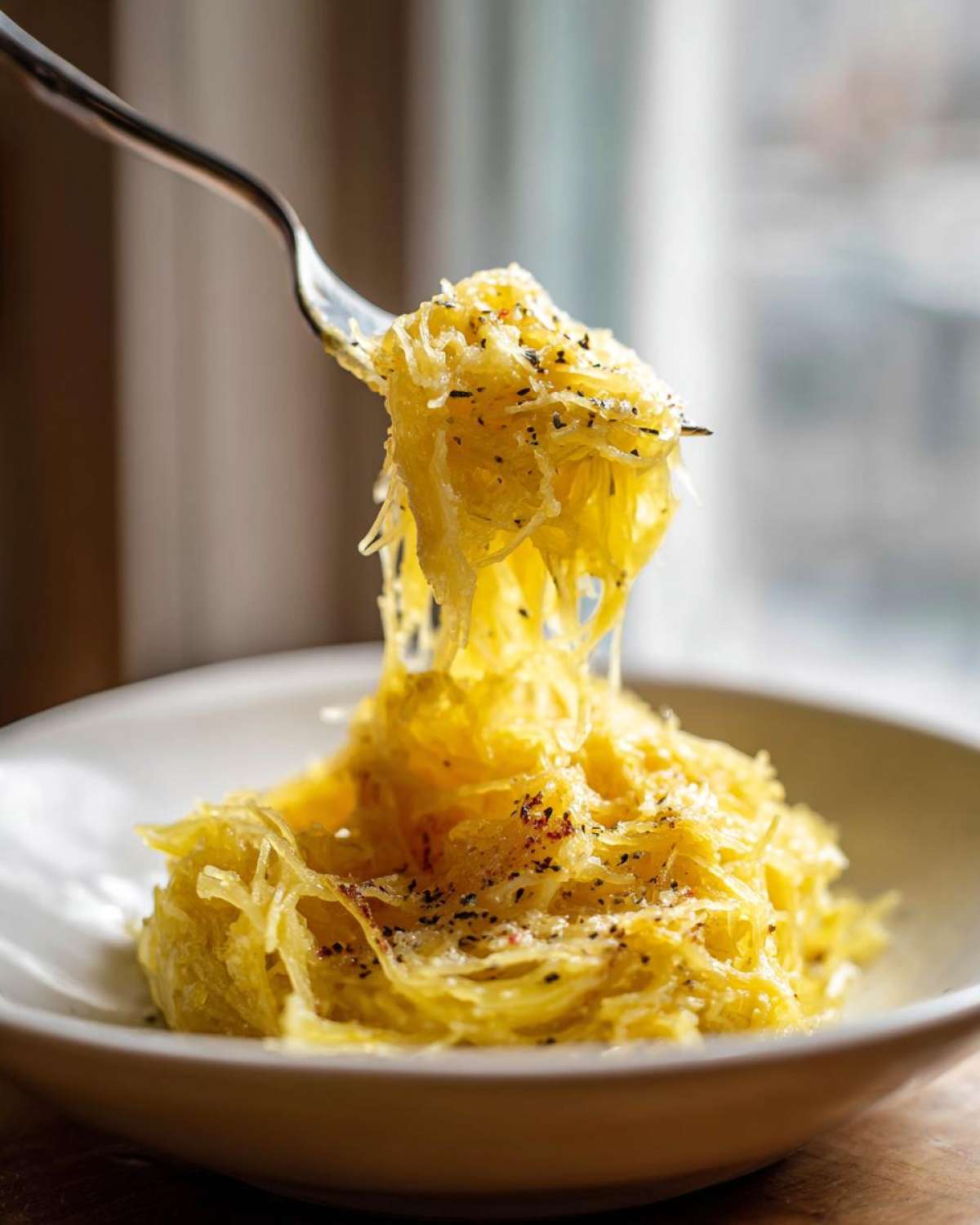 A fork lifts strands of creamy Spaghetti Squash Alfredo from a white bowl, seasoned with pepper.