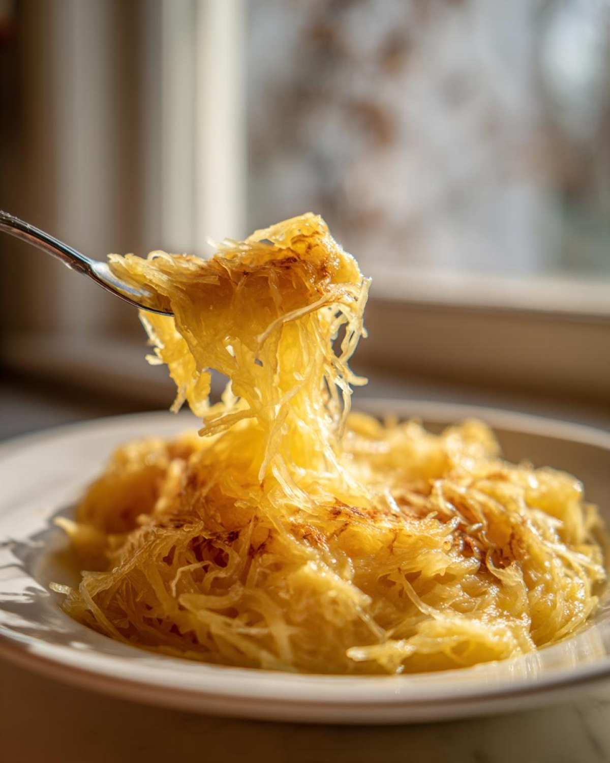 A fork lifts strands of creamy Spaghetti Squash Alfredo from a white bowl, catching the sunlight.