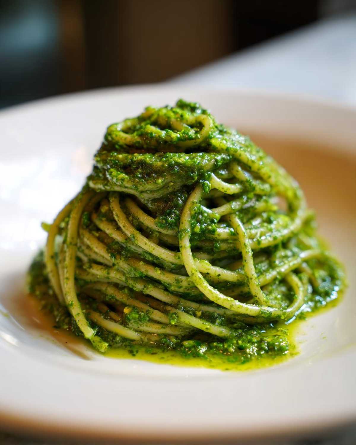 Close-up of spaghetti tossed generously with vibrant green Vegan Basil Pesto on a white plate.