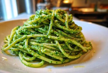 A mound of spaghetti generously coated in bright green Vegan Basil Pesto, served on a white plate.