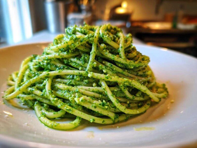 A mound of spaghetti generously coated in bright green Vegan Basil Pesto, served on a white plate.