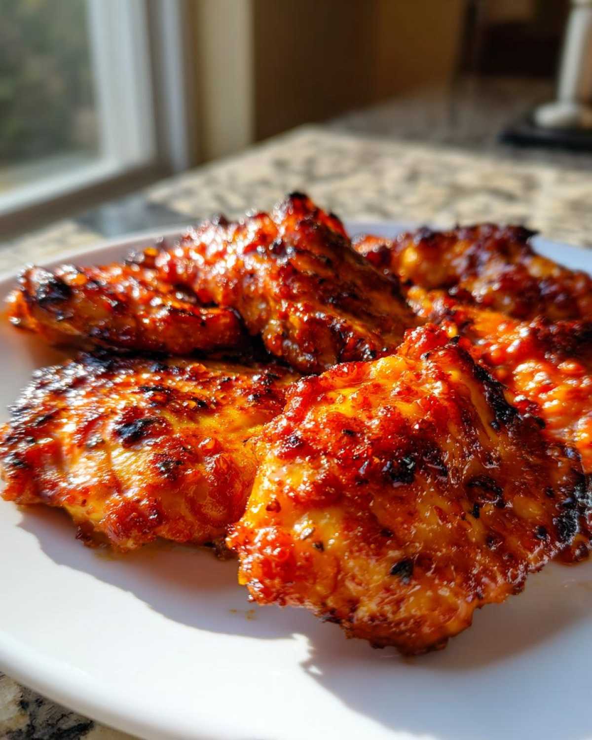 Close-up of perfectly cooked Spicy Honey Garlic Air Fryer Chicken Thighs with a sticky, caramelized glaze.