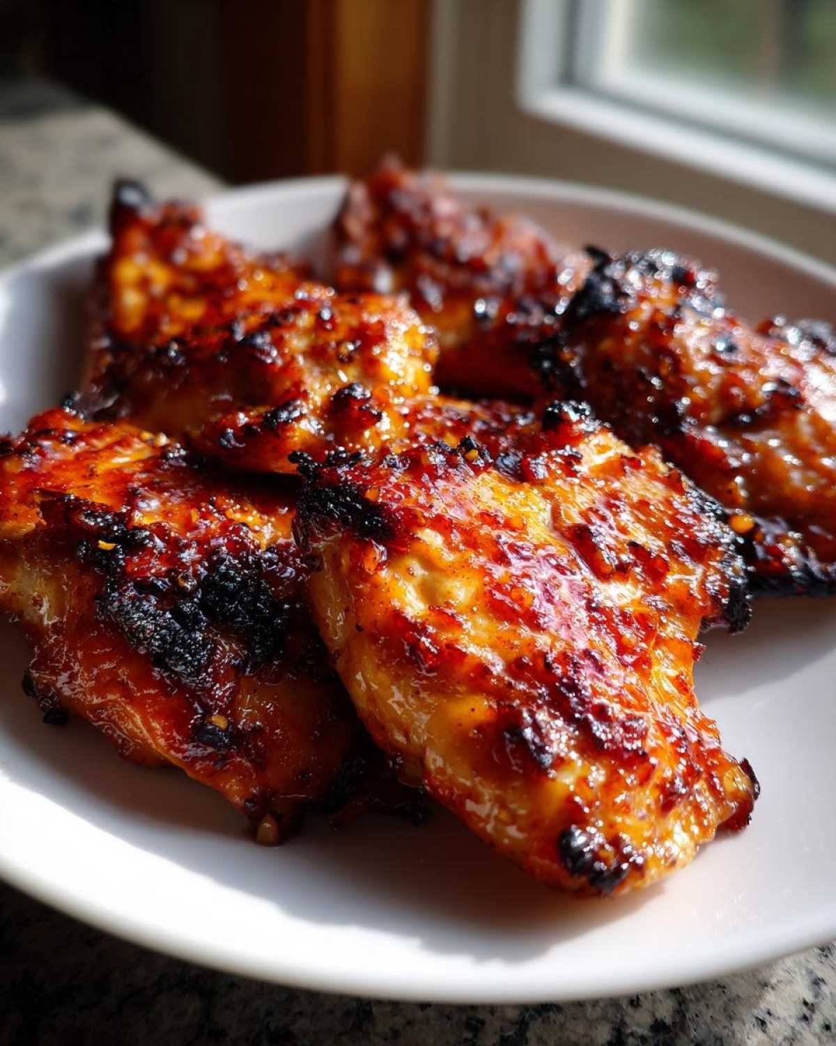 Close-up of several Spicy Honey Garlic Air Fryer Chicken Thighs with a caramelized, slightly charred glaze on a white plate.