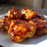 Close-up of several Spicy Honey Garlic Air Fryer Chicken Thighs with a sticky, caramelized glaze on a white plate.