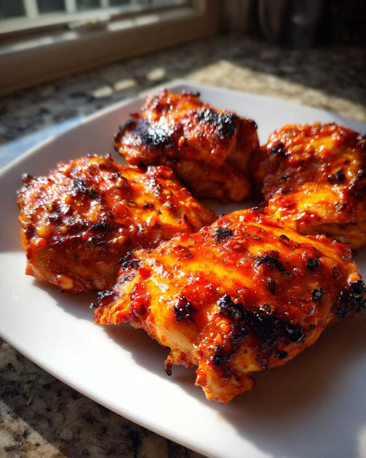 Four pieces of glistening, caramelized Spicy Honey Garlic Air Fryer Chicken Thighs on a white plate.