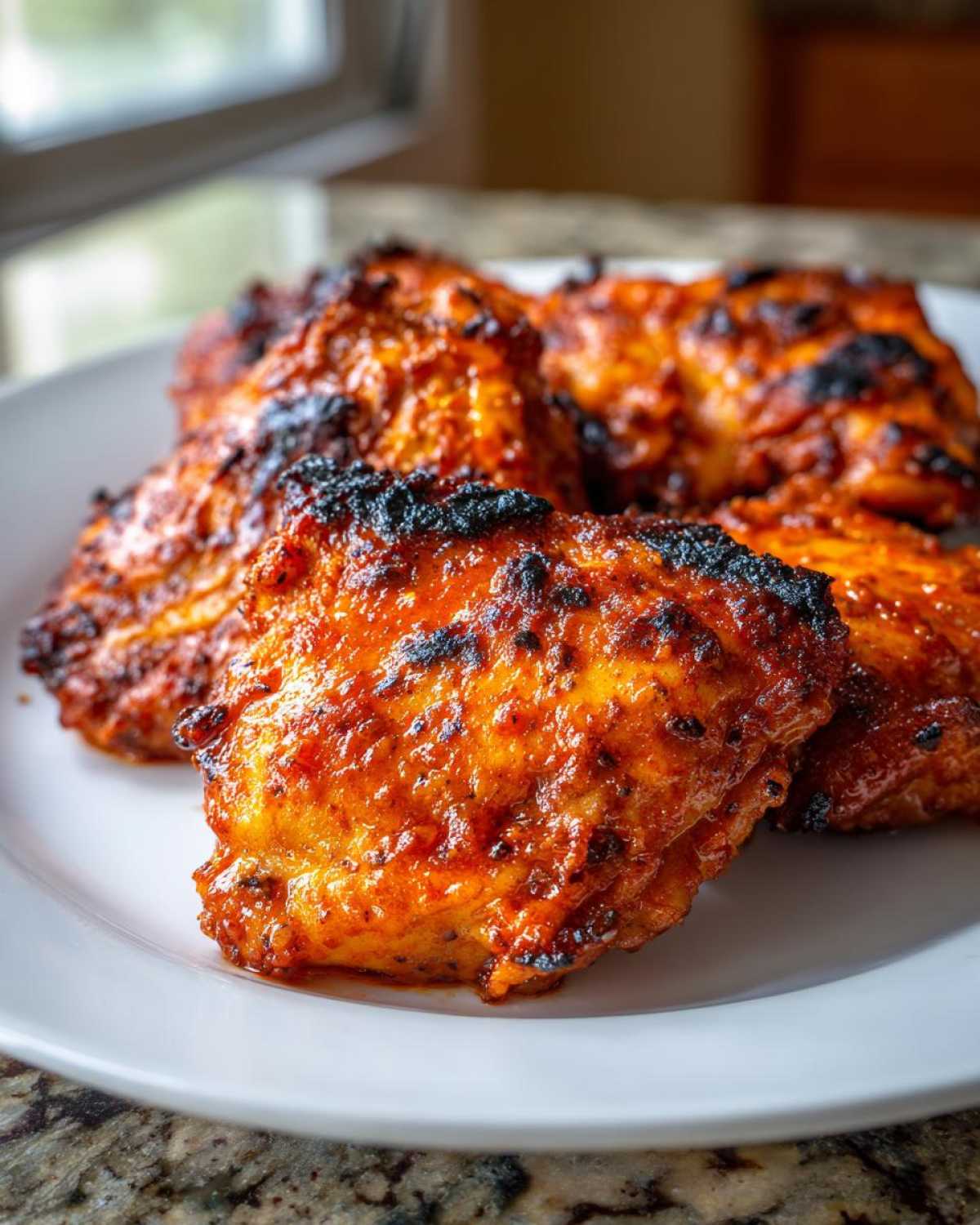 Close-up of perfectly cooked Spicy Honey Garlic Air Fryer Chicken Thighs with a charred, glossy glaze on a white plate.