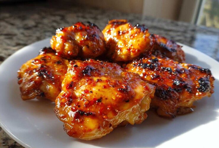 Close-up of several Spicy Honey Garlic Air Fryer Chicken Thighs with a sticky, caramelized glaze on a white plate.
