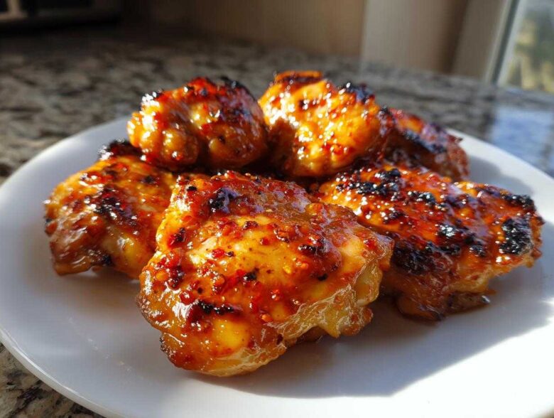 Close-up of several Spicy Honey Garlic Air Fryer Chicken Thighs with a sticky, caramelized glaze on a white plate.