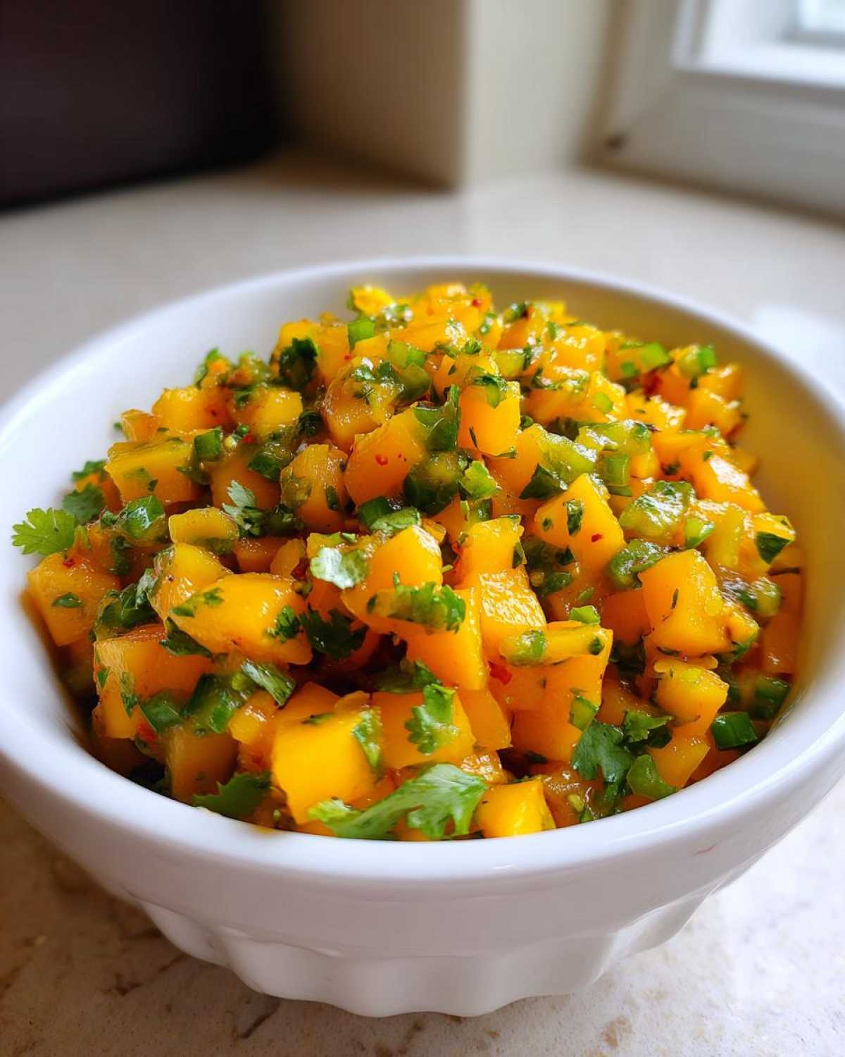 Close-up of bright orange diced mango mixed with green cilantro and peppers in a white bowl, showcasing the Spicy Mango Salsa.