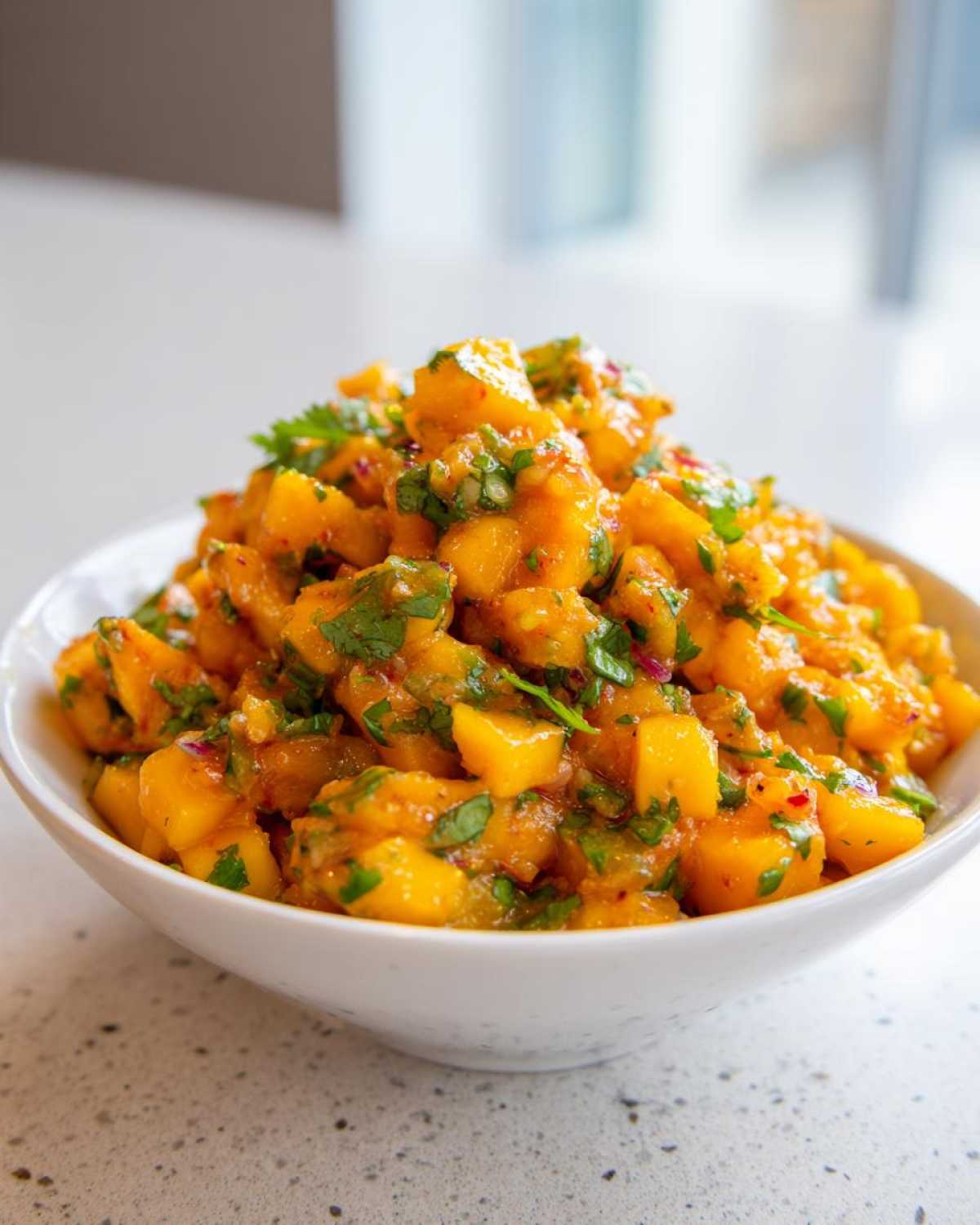 Close-up of vibrant Spicy Mango Salsa, featuring diced mango, cilantro, and spices, served in a white bowl.