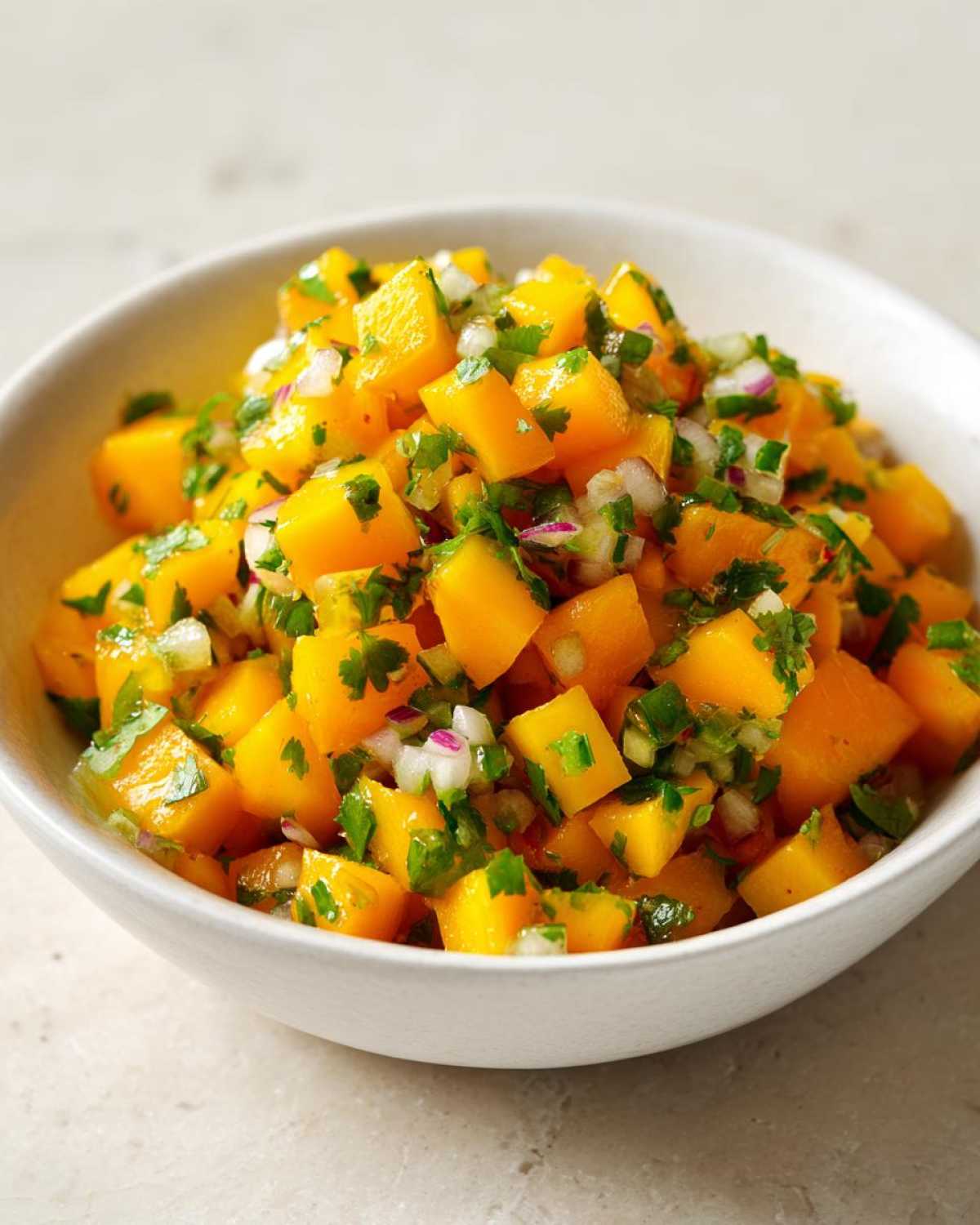 Close-up of bright orange, diced mango mixed with red onion and cilantro for Spicy Mango Salsa.