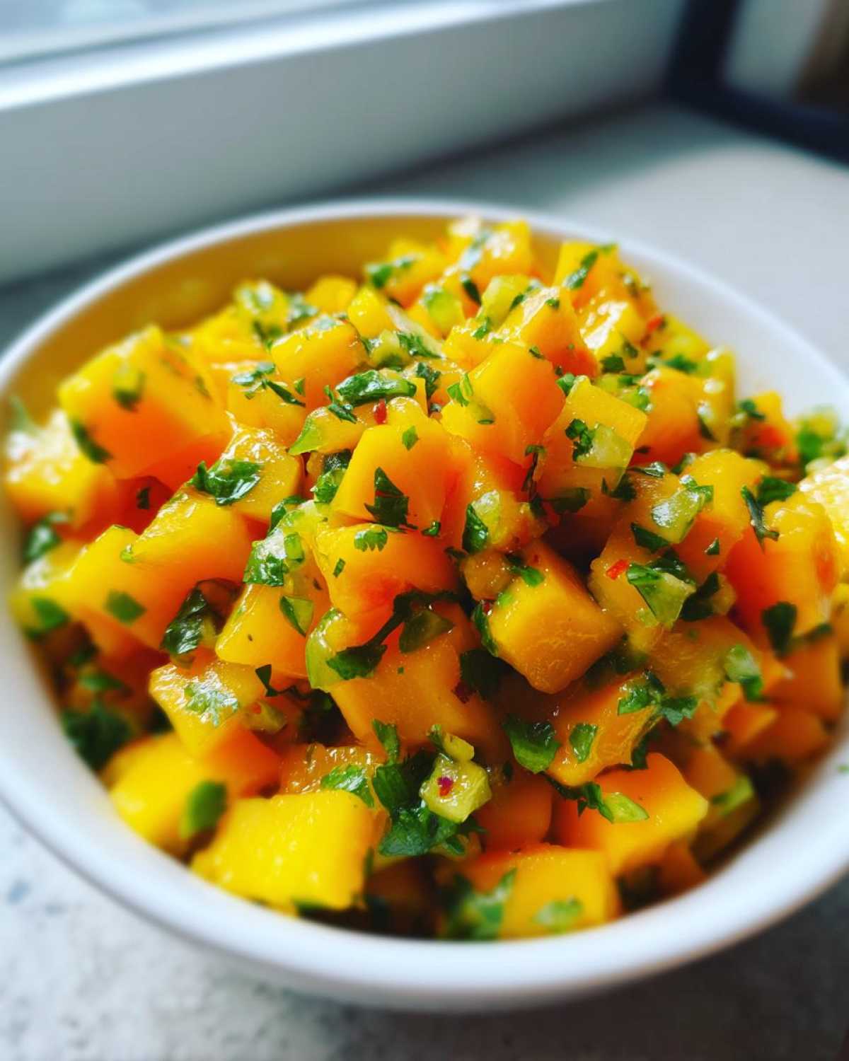 Close-up of bright orange, diced mango mixed with green cilantro and hints of red chili in a white bowl, showcasing the Spicy Mango Salsa.