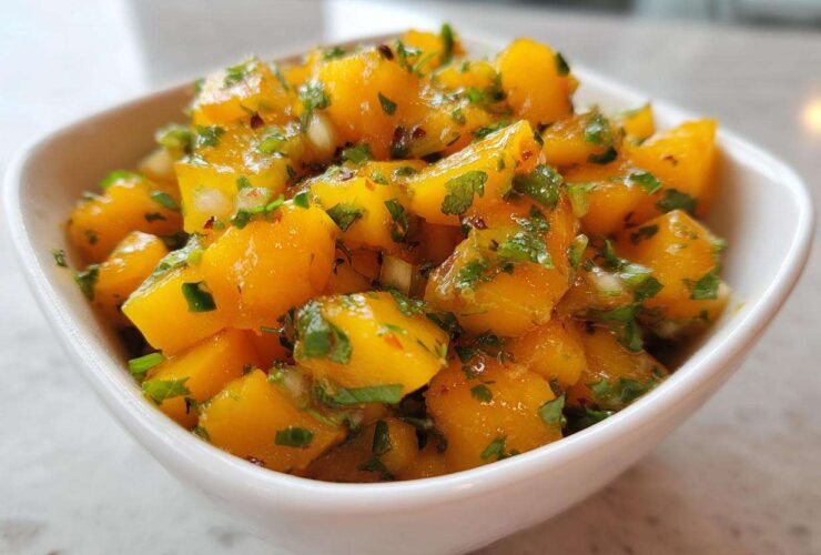 Close-up of vibrant, chunky Spicy Mango Salsa featuring diced mango, cilantro, and chili flakes in a small white bowl.