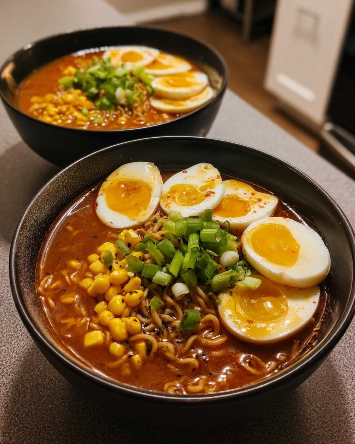 Two bowls of Spicy Miso Ramen with soft-boiled eggs, corn, and green onions.