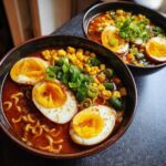 Two bowls of Spicy Miso Ramen featuring rich broth, noodles, corn, green onions, and halved soft-boiled eggs.