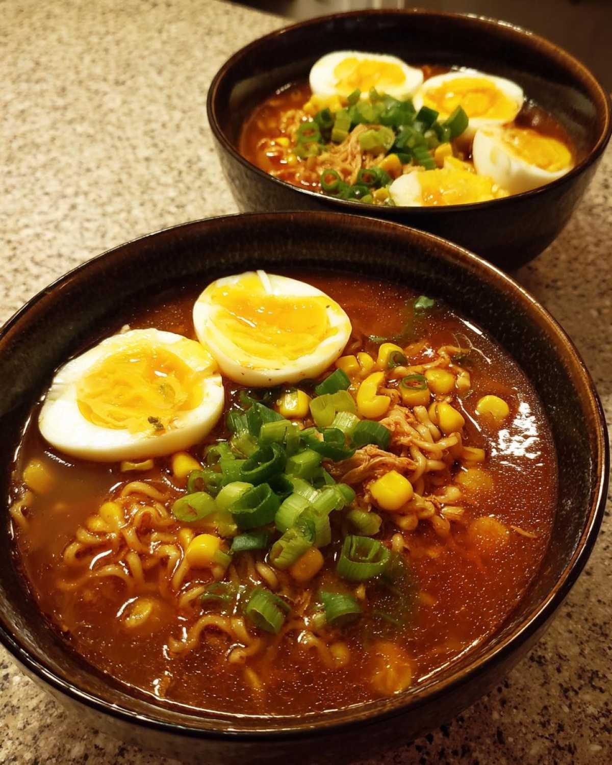 Two bowls of Spicy Miso Ramen topped with soft-boiled eggs, corn, and green onions.