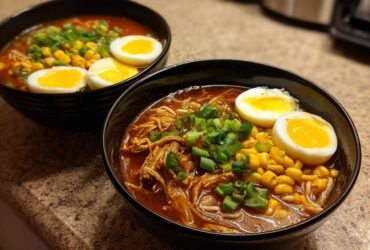 Two bowls of Spicy Miso Ramen featuring shredded chicken, corn, green onions, and soft-boiled eggs.