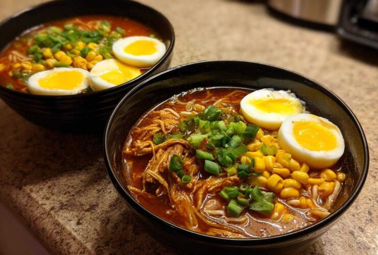 Two bowls of Spicy Miso Ramen featuring shredded chicken, corn, green onions, and soft-boiled eggs.