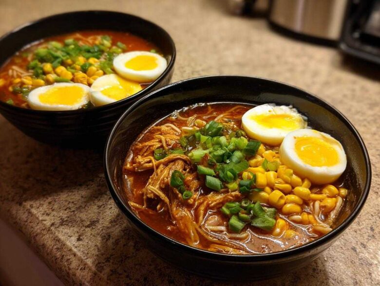 Two bowls of Spicy Miso Ramen featuring shredded chicken, corn, green onions, and soft-boiled eggs.