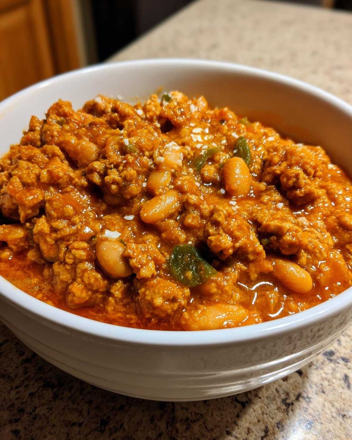 Close-up of a hearty bowl of Spicy Turkey White Bean Chili, featuring ground turkey, white beans, and green peppers.