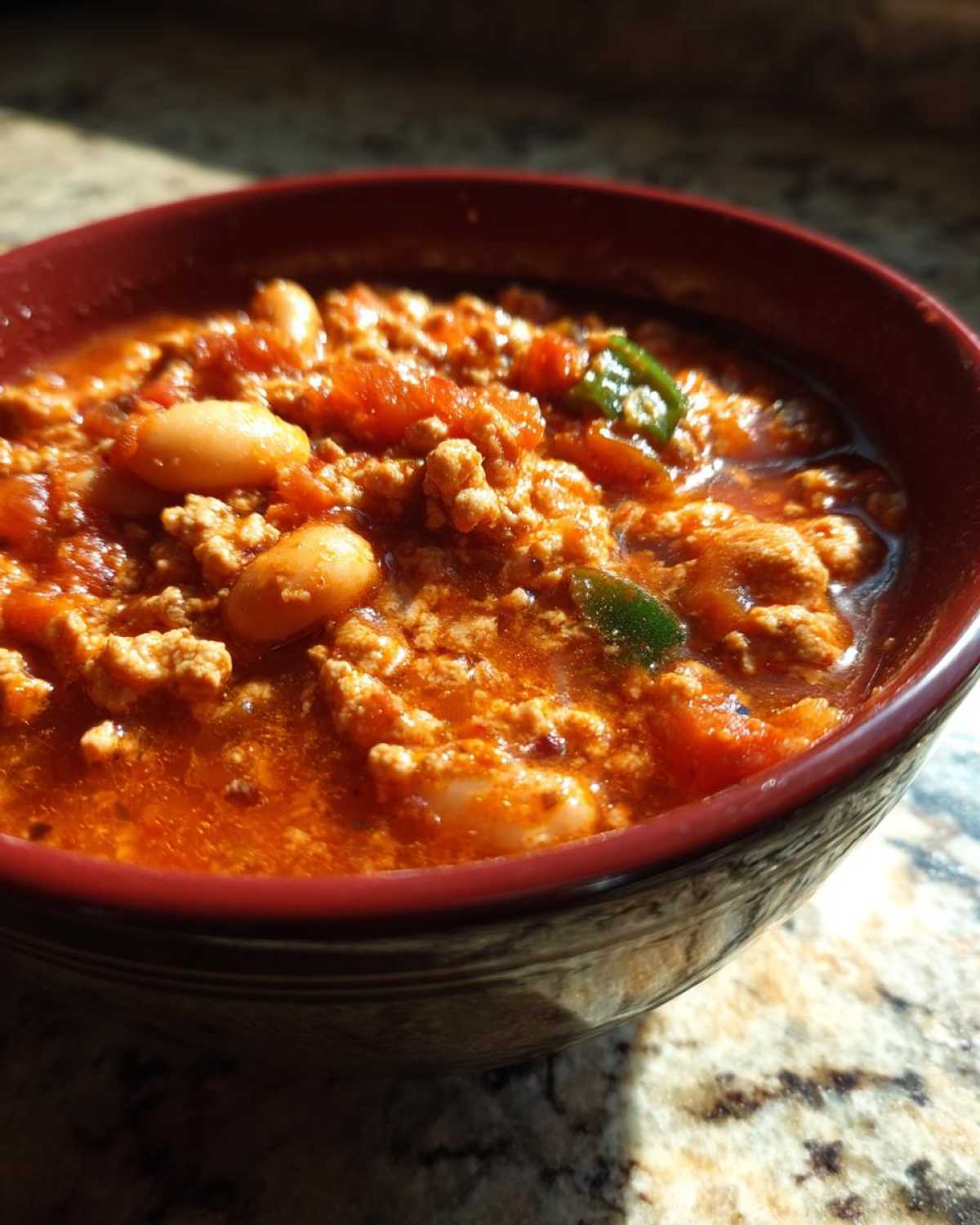 Close-up of a rich, red bowl filled with Spicy Turkey White Bean Chili featuring ground turkey, white beans, and green peppers.