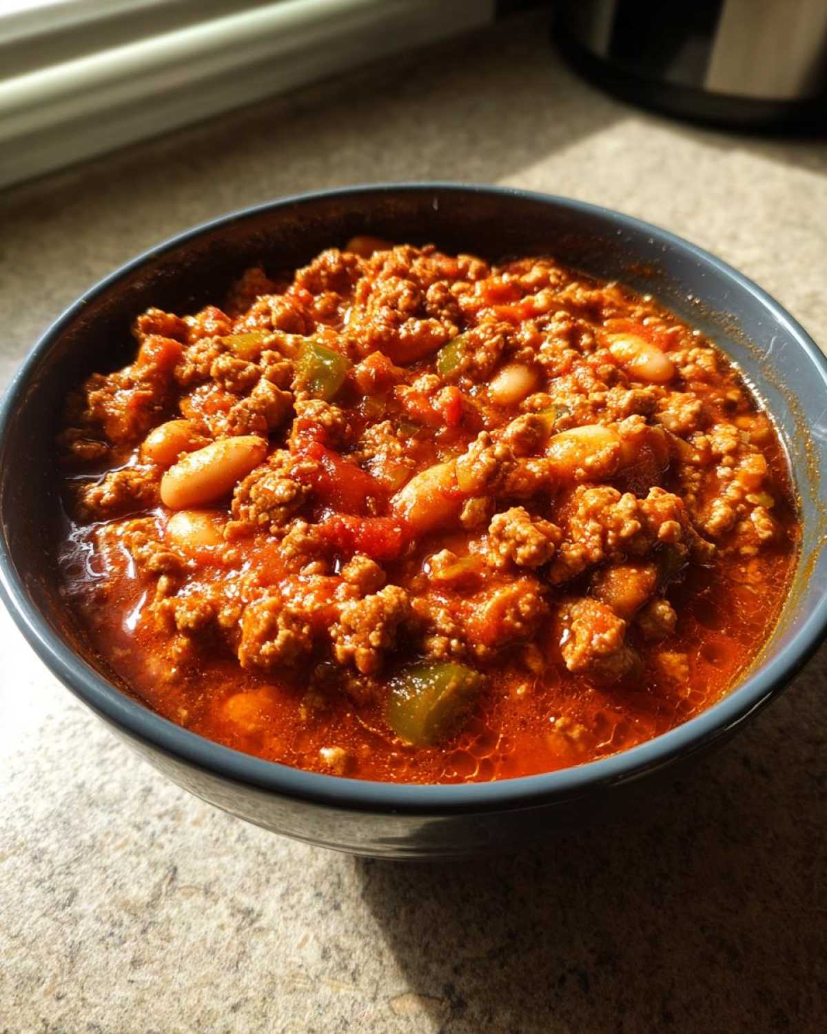 A close-up view of a hearty bowl of Spicy Turkey White Bean Chili, rich with ground turkey, white beans, and tomato sauce.