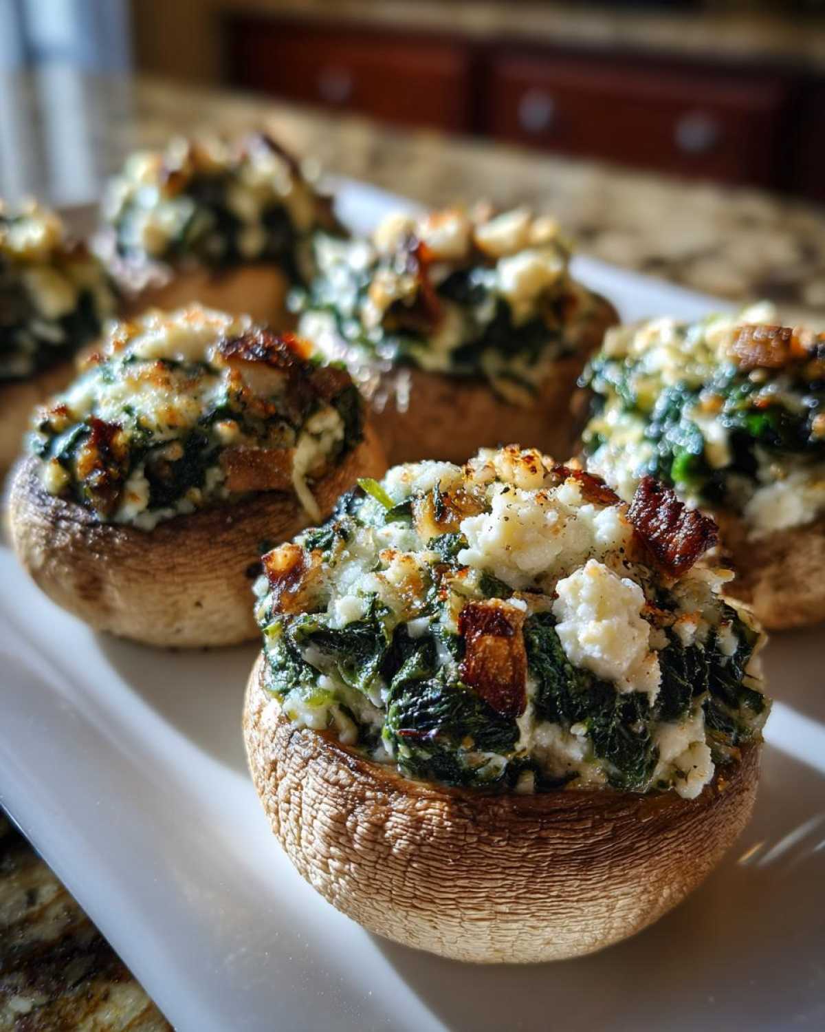 Close-up of baked Spinach and Feta Stuffed Mushrooms topped with crumbled cheese on a white platter.