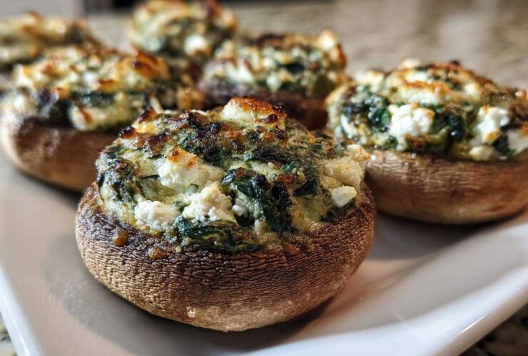 Close-up of baked Spinach and Feta Stuffed Mushrooms with golden-brown tops on a white serving platter.
