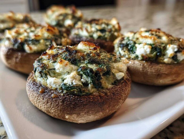 Close-up of baked Spinach and Feta Stuffed Mushrooms with golden-brown tops on a white serving platter.