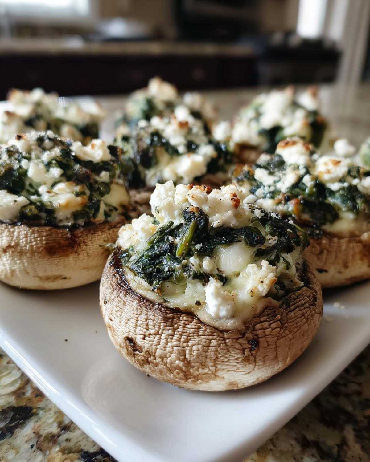 Close-up of baked Spinach and Feta Stuffed Mushrooms piled high with filling on a white serving platter.